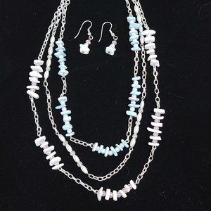artison silver  chain and earrings with blue and white chipped stones and pearls
